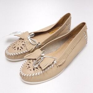 Vintage Honors Sport Tan Leather Moccasins Fringe Cutout Flats 8M Brazil